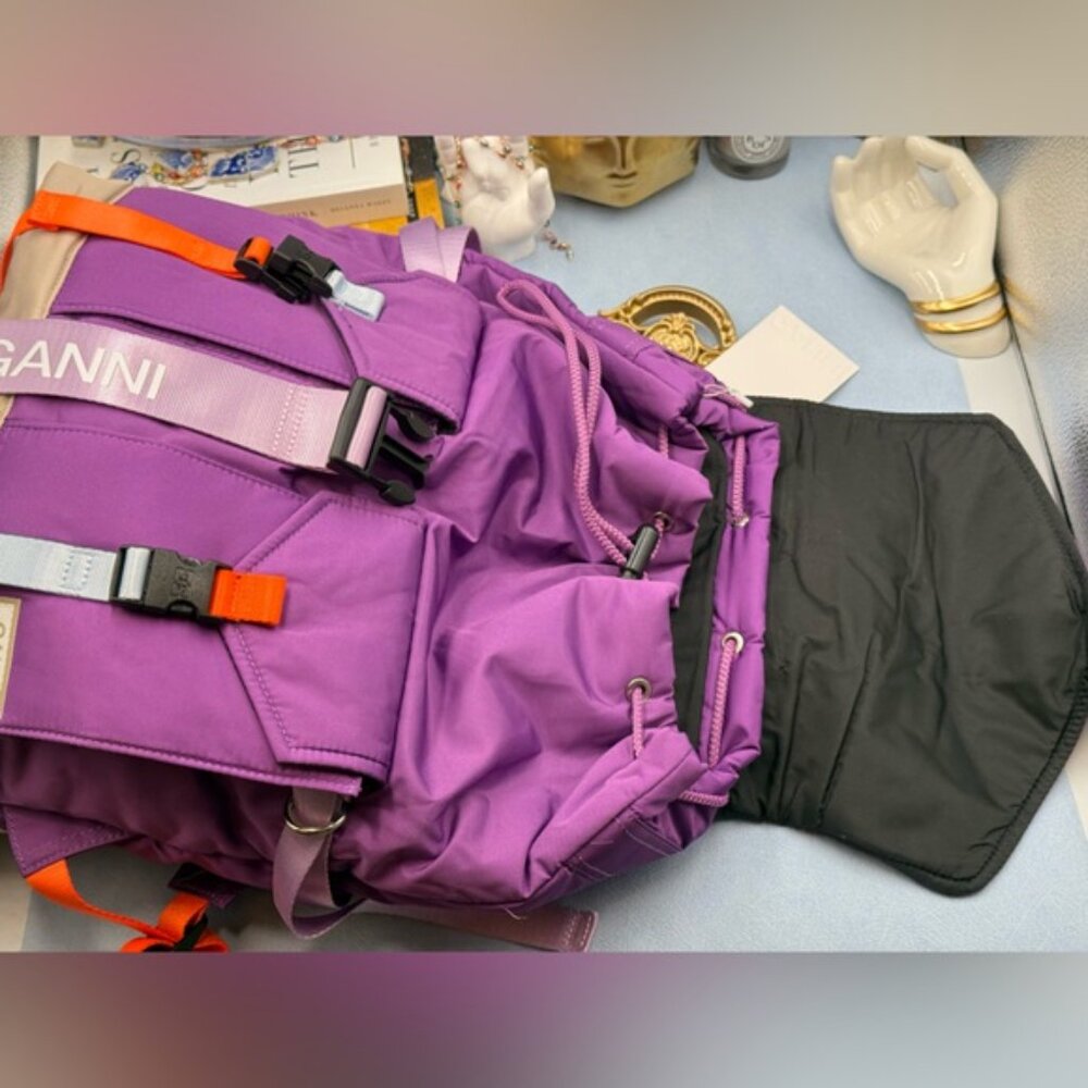 🆕 GANNI 🧿 NWT Recycled Tech Backpack, Purple Wine & Orange, Baby Blue - Picture 10 of 13